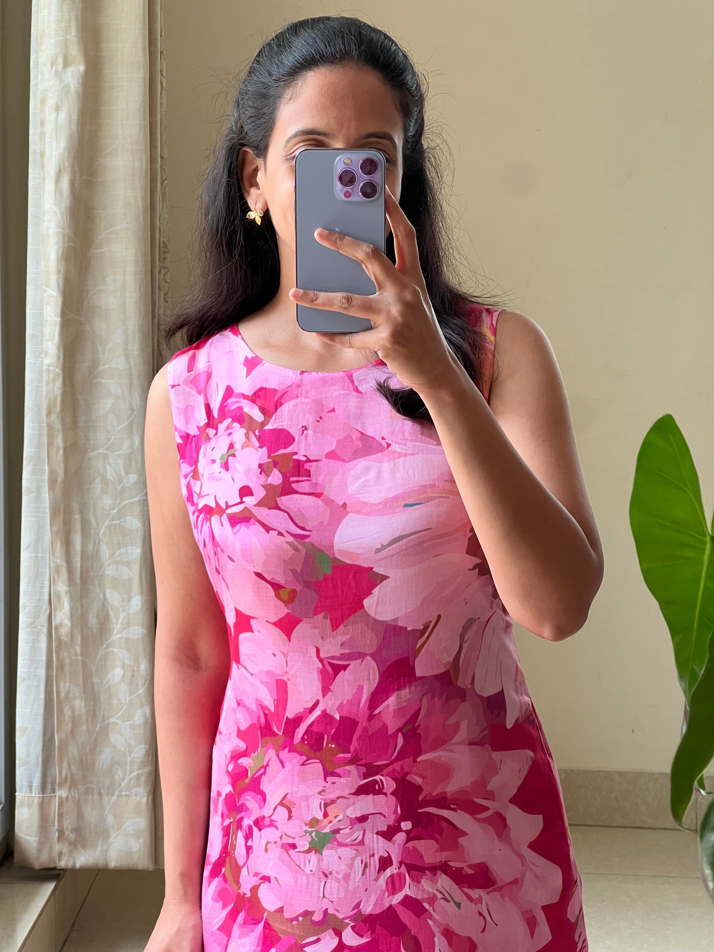 A0513 pink floral cotton silk one piece dress with digital floral printed pattern, sleeves are provided inside