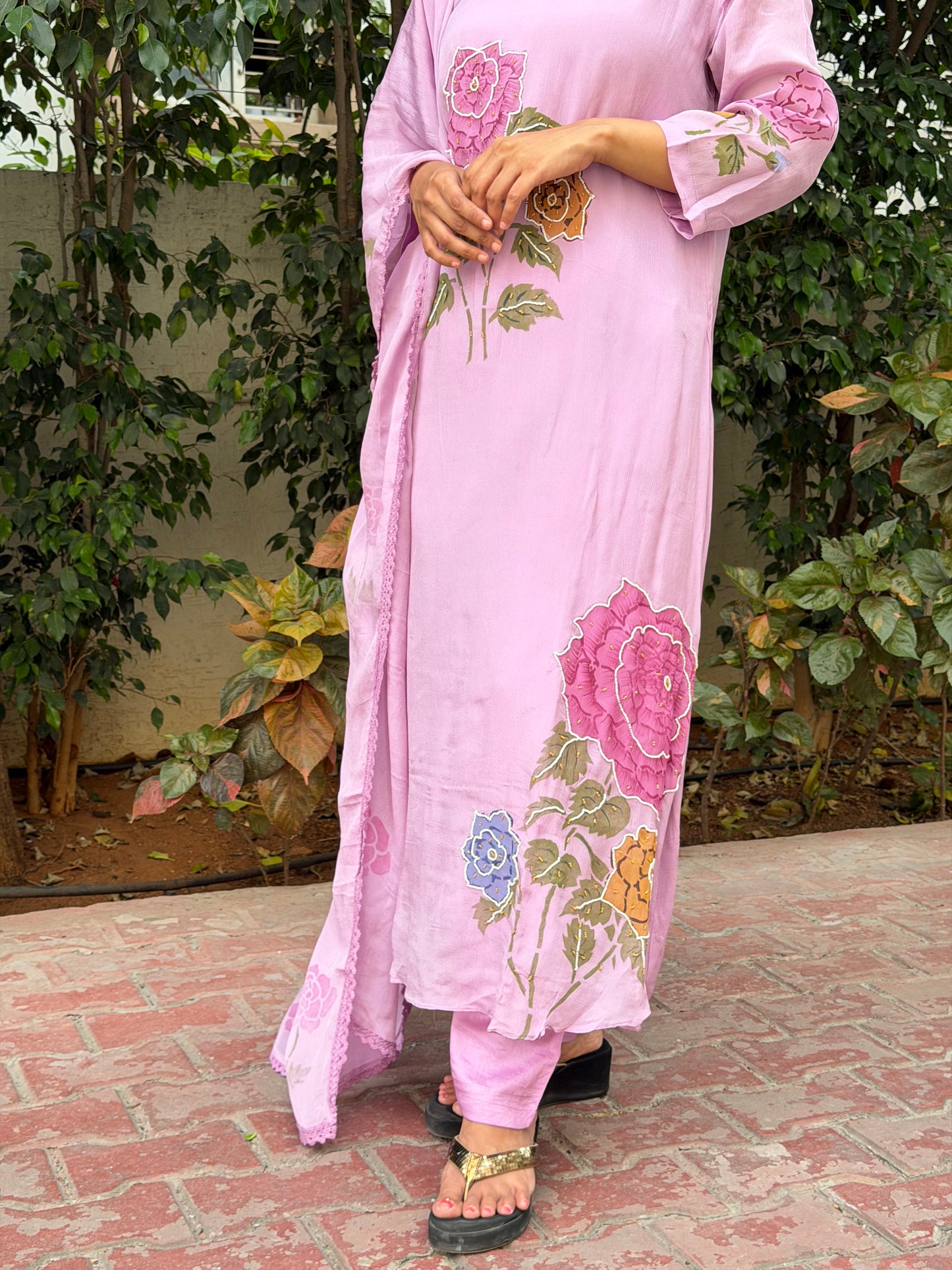 A0697 lilac chinnon 3 piece set with hand painting & Moti embroidery detailing