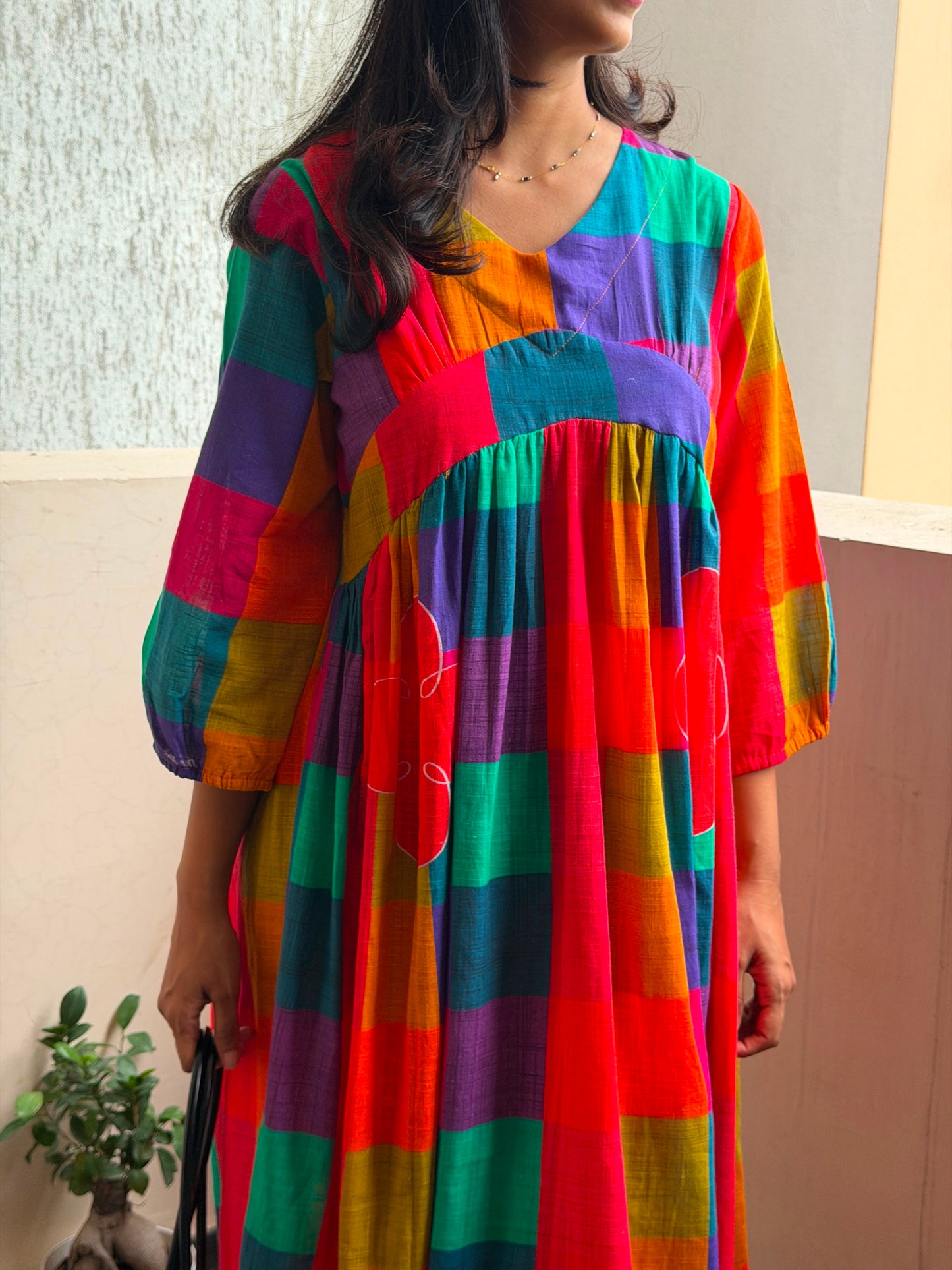 A0773 slub cotton madras checks one piece dress
