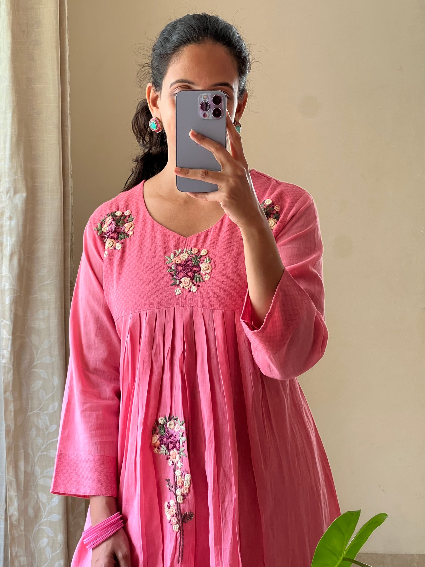 A0503 pink mul cotton 2 piece dress with hand embroidery detailing comes with plazzo pants