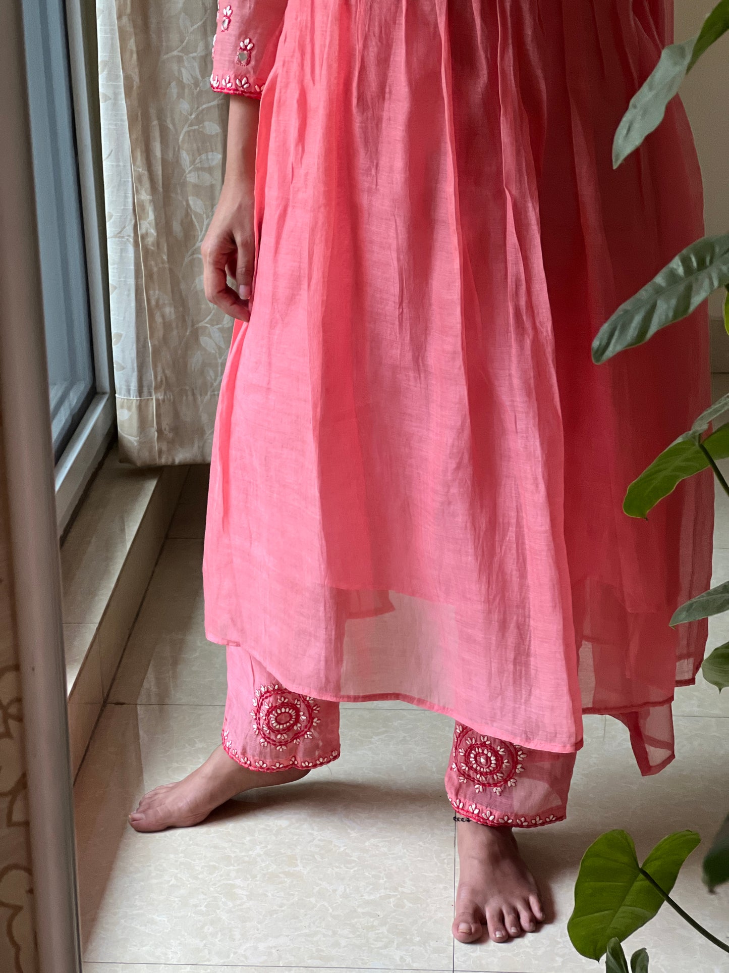 A0385 rose pink mul chanderi 3 piece dresss with mirror work hand embroidery