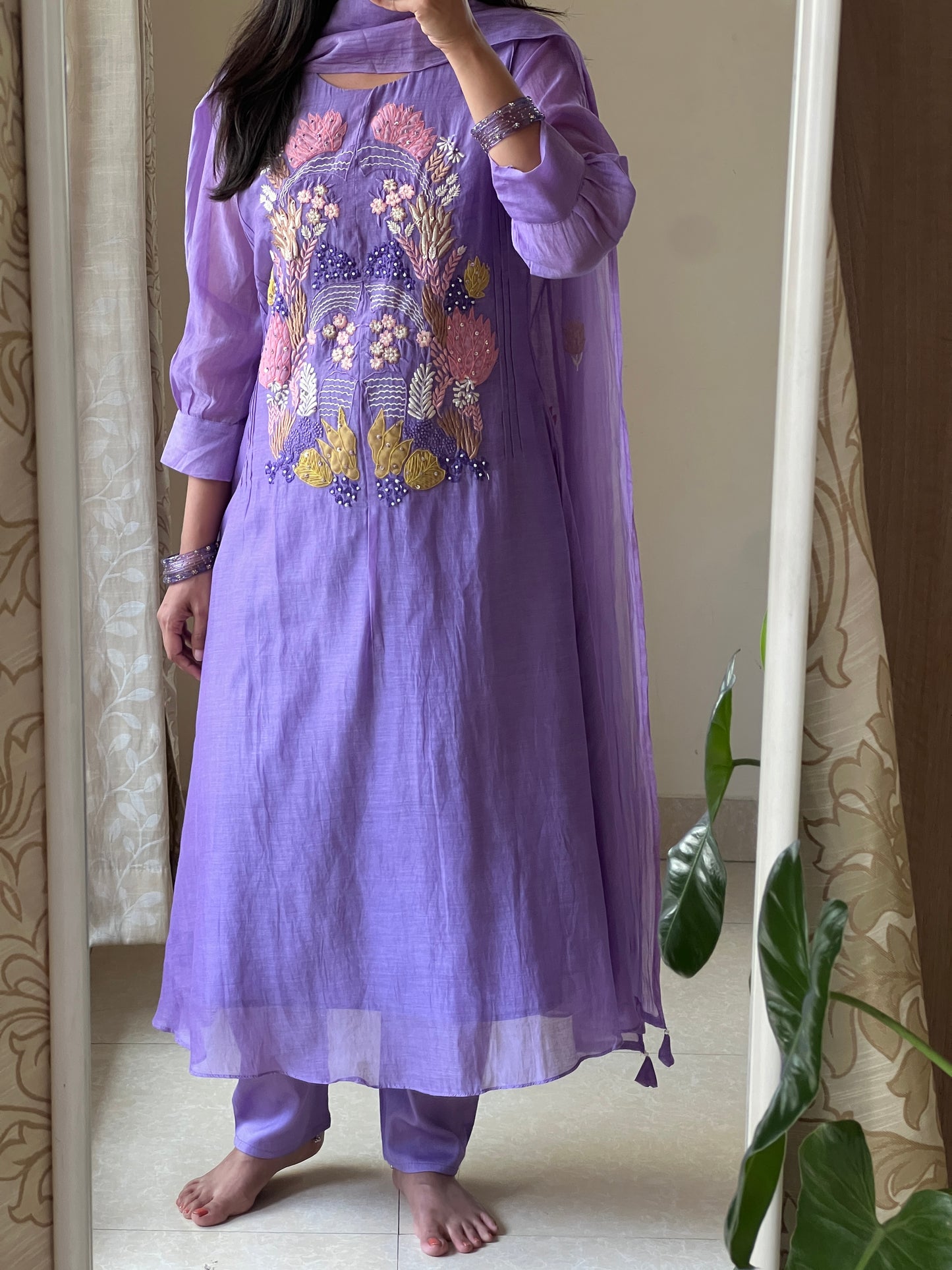 A0582 purple mul chanderi 3 piece dress with applique work embroidery over the yoke part & butties all over the dupatta