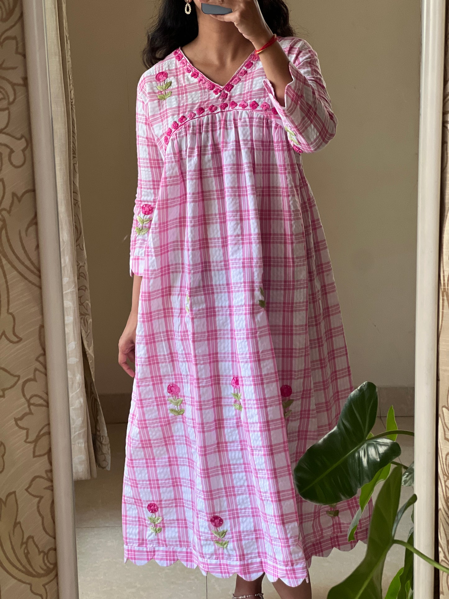 A0649 pink checks handloom cotton one piece dress with hand embroidery detailing on yoke part