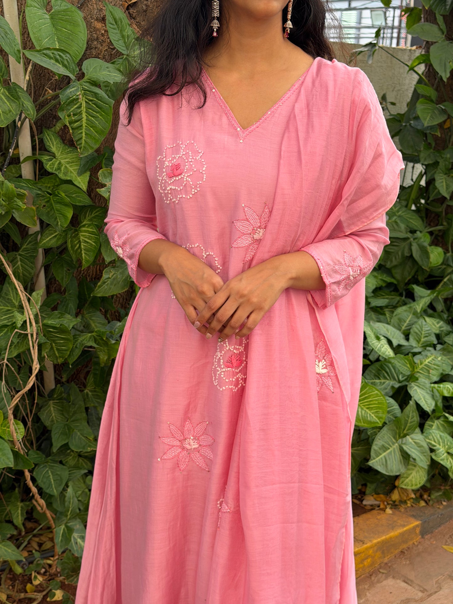 A0638 Beautiful baby pink shade 3pc set with knot and hand embroidery detailing