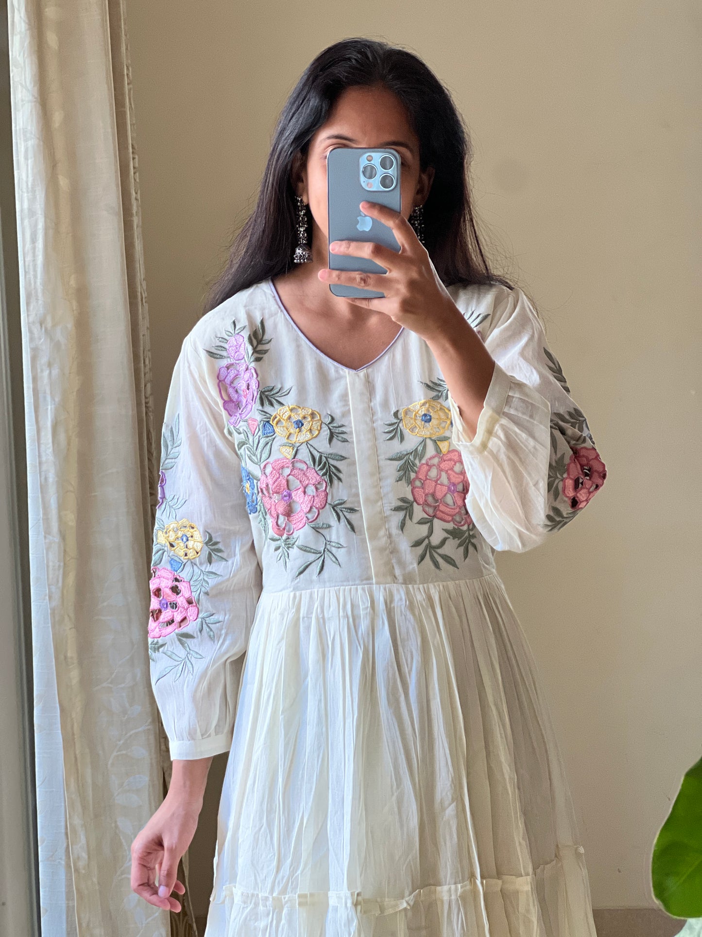A0216 half white Mulmul one piece dress with cut work embroidery