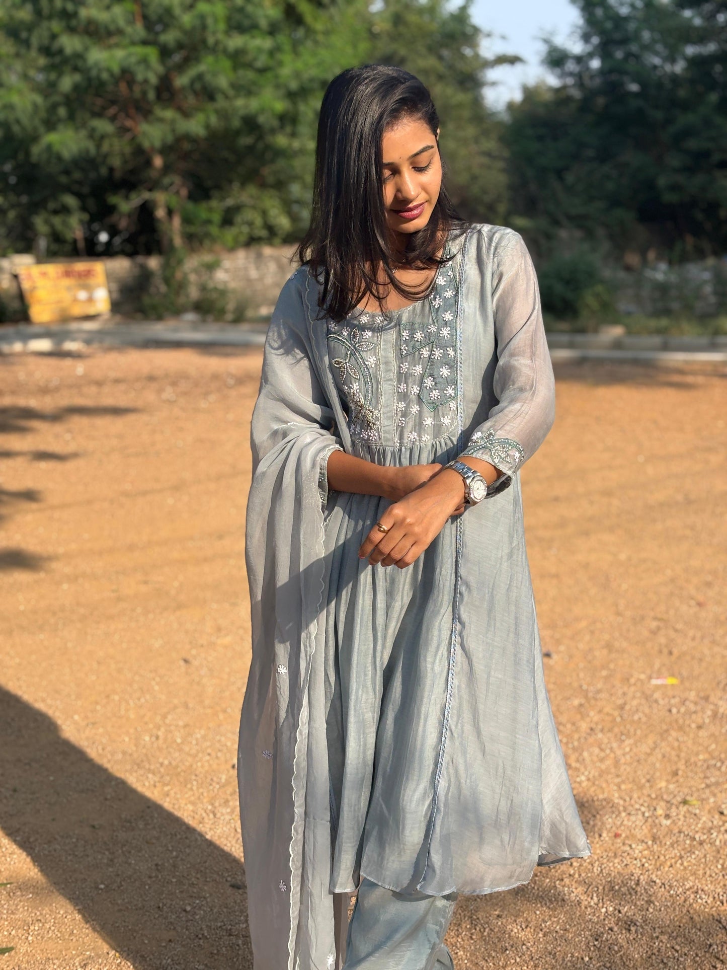 A0190 Mul chanderi 3 piece set with hand embroidery and beads detailing