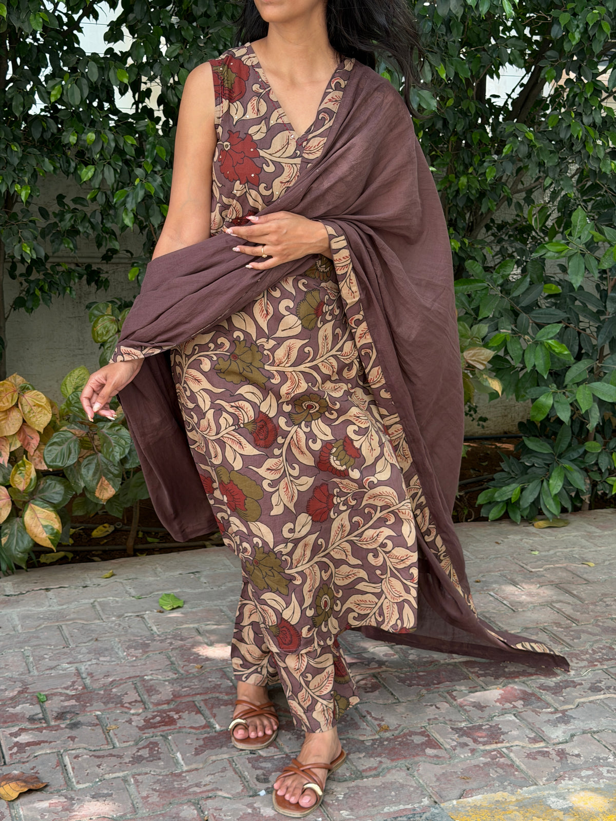 A0879 Beautiful Mauve shade kalamkari pure cotton 3 piece dress