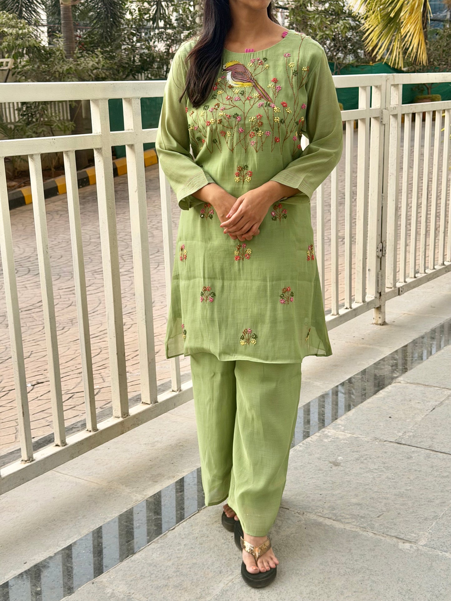 A0601 Green mul chanderi coord set with bird hand painted & hand embroidery detailing all over the dress