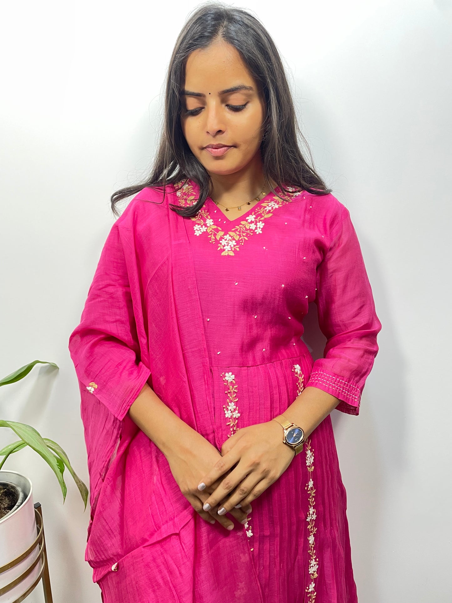 A0338 Premium Mul chanderi 3 piece set in pink shade with hand embroidery detailing
