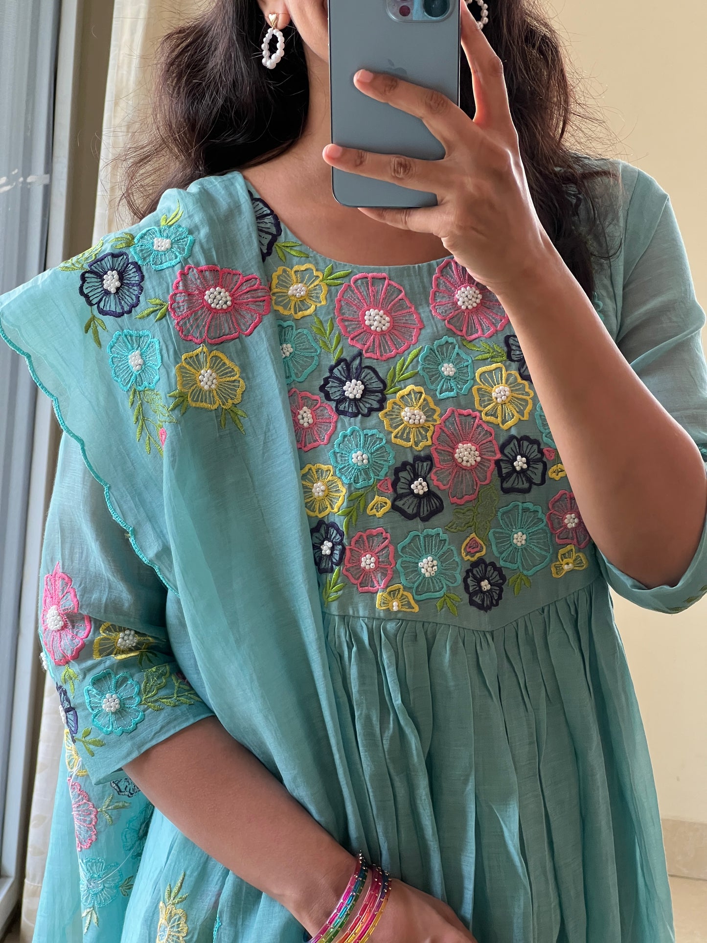 A0521 firozi blue mul chanderi 3 piece dress with multi colour threads floral embroidery all over the yoke & duppatta