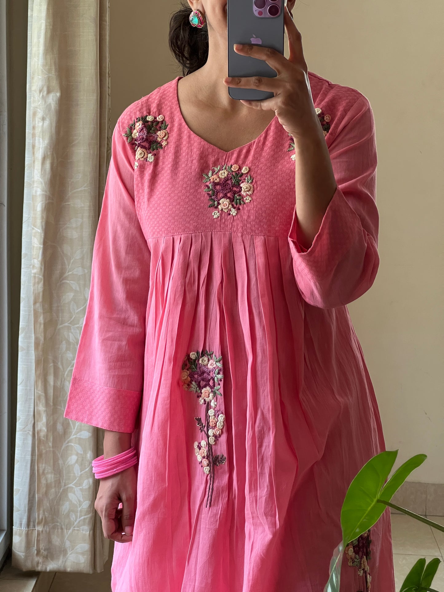 A0503 pink mul cotton 2 piece dress with hand embroidery detailing comes with plazzo pants