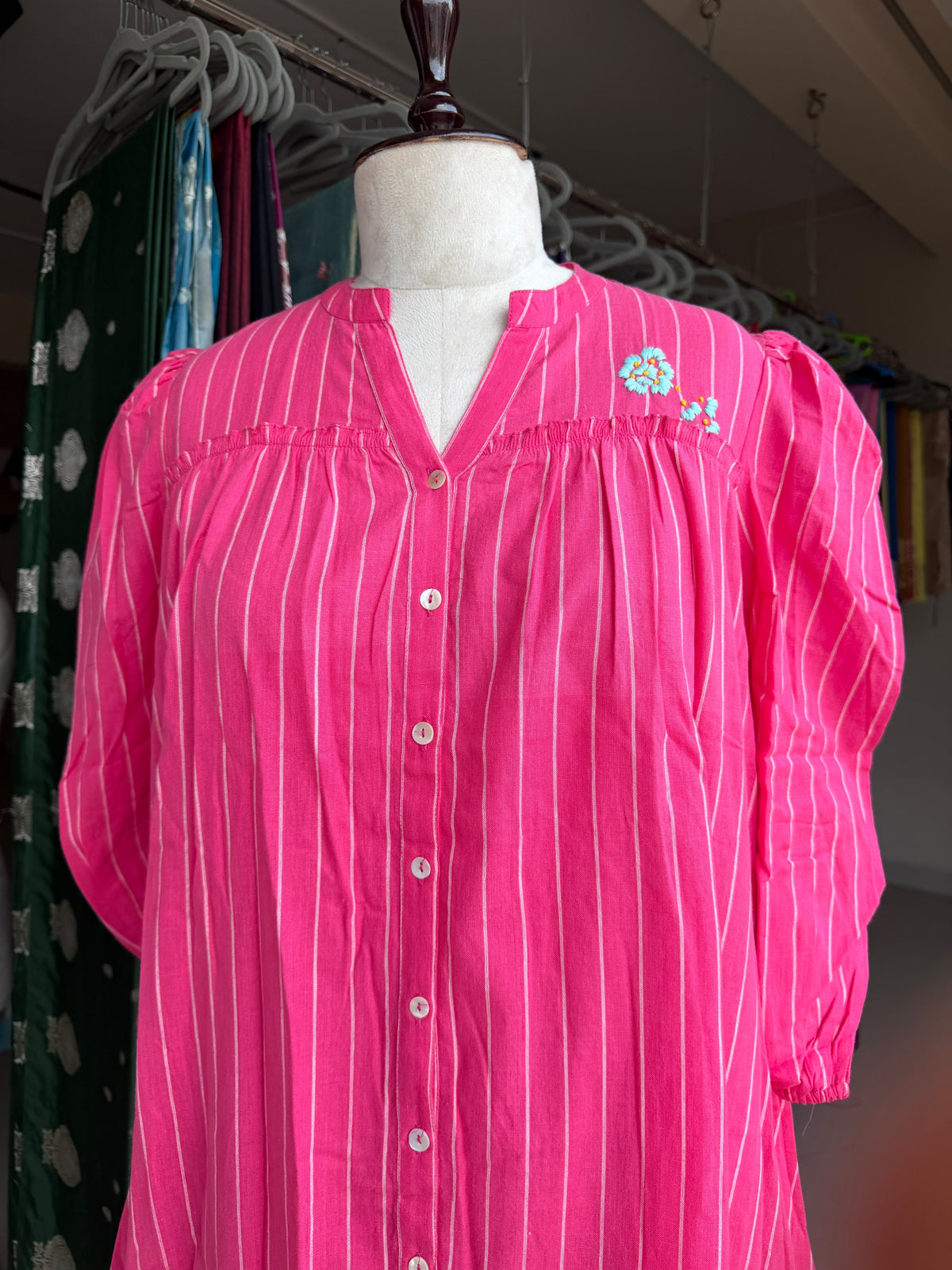 Pink Jamdani stripes knee length dress