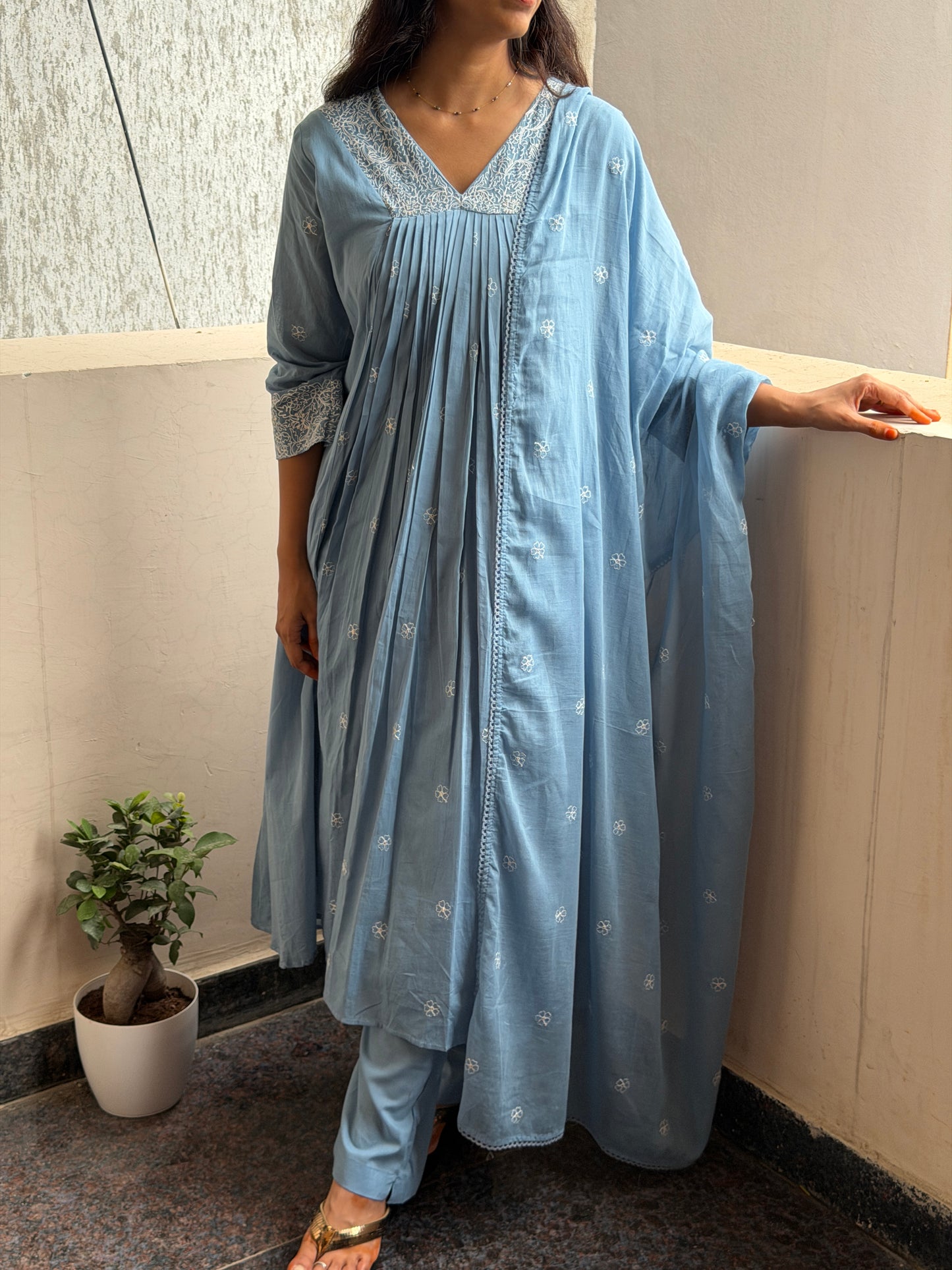 A0816 powder blue mul cotton 3 piece suit