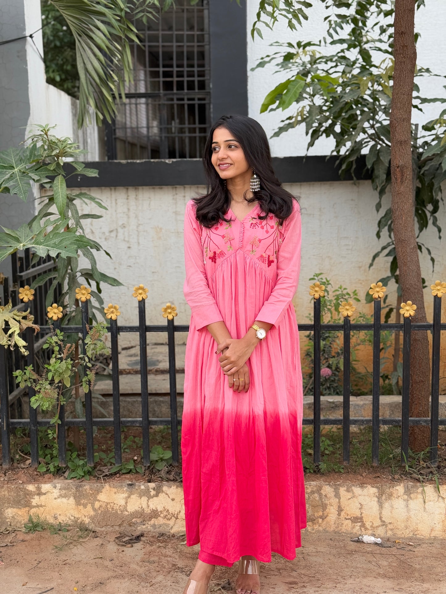 A0226 pink Mulmul shaded two piece set with hand embroidery detailing