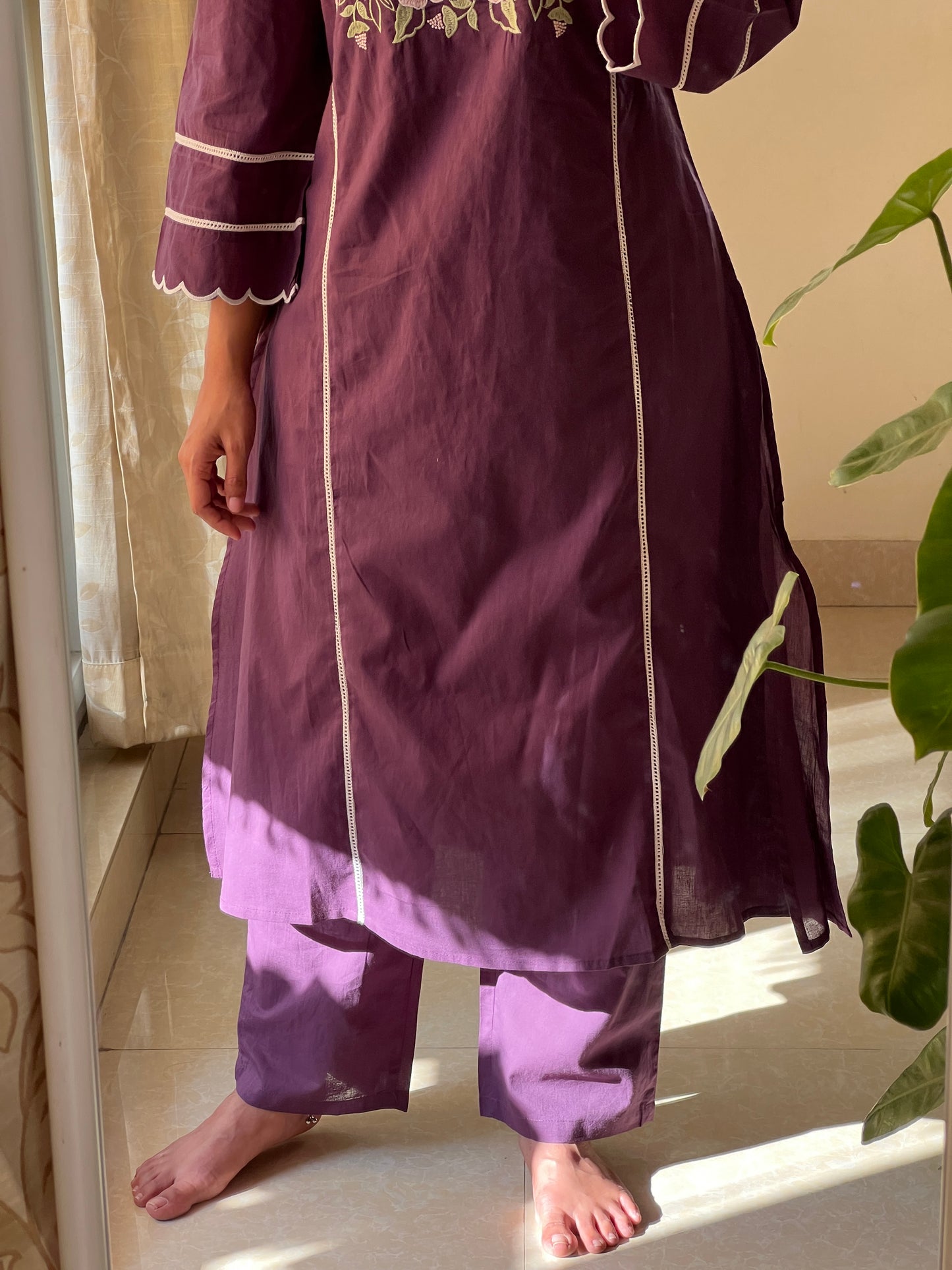 A0312 purple cotton 2 piece dress with machine embroidery detailing