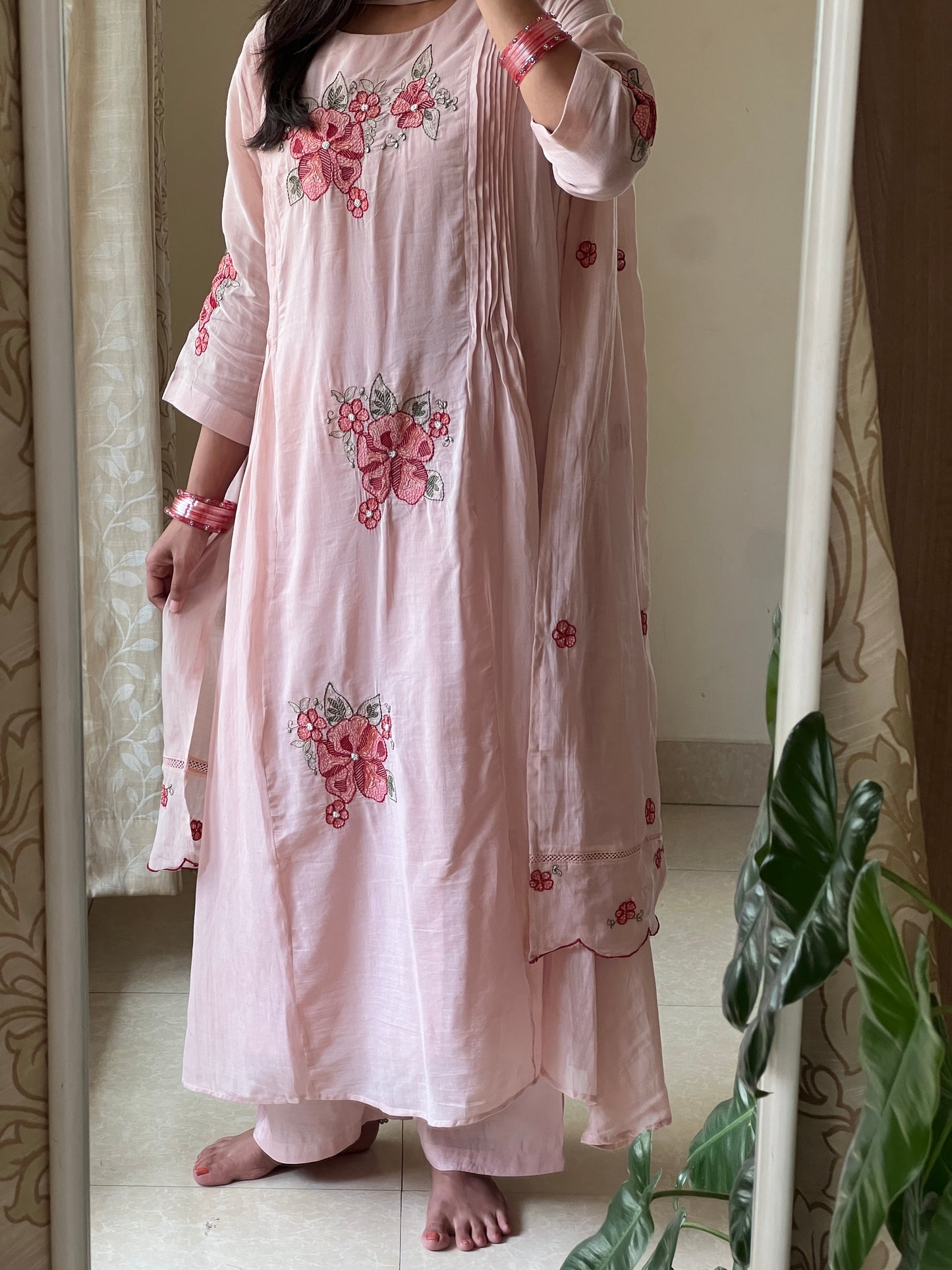 A0581 nude pink mul chanderi 3 piece dress with thread work embroidery all over the dress & pleats on both sides of the dress