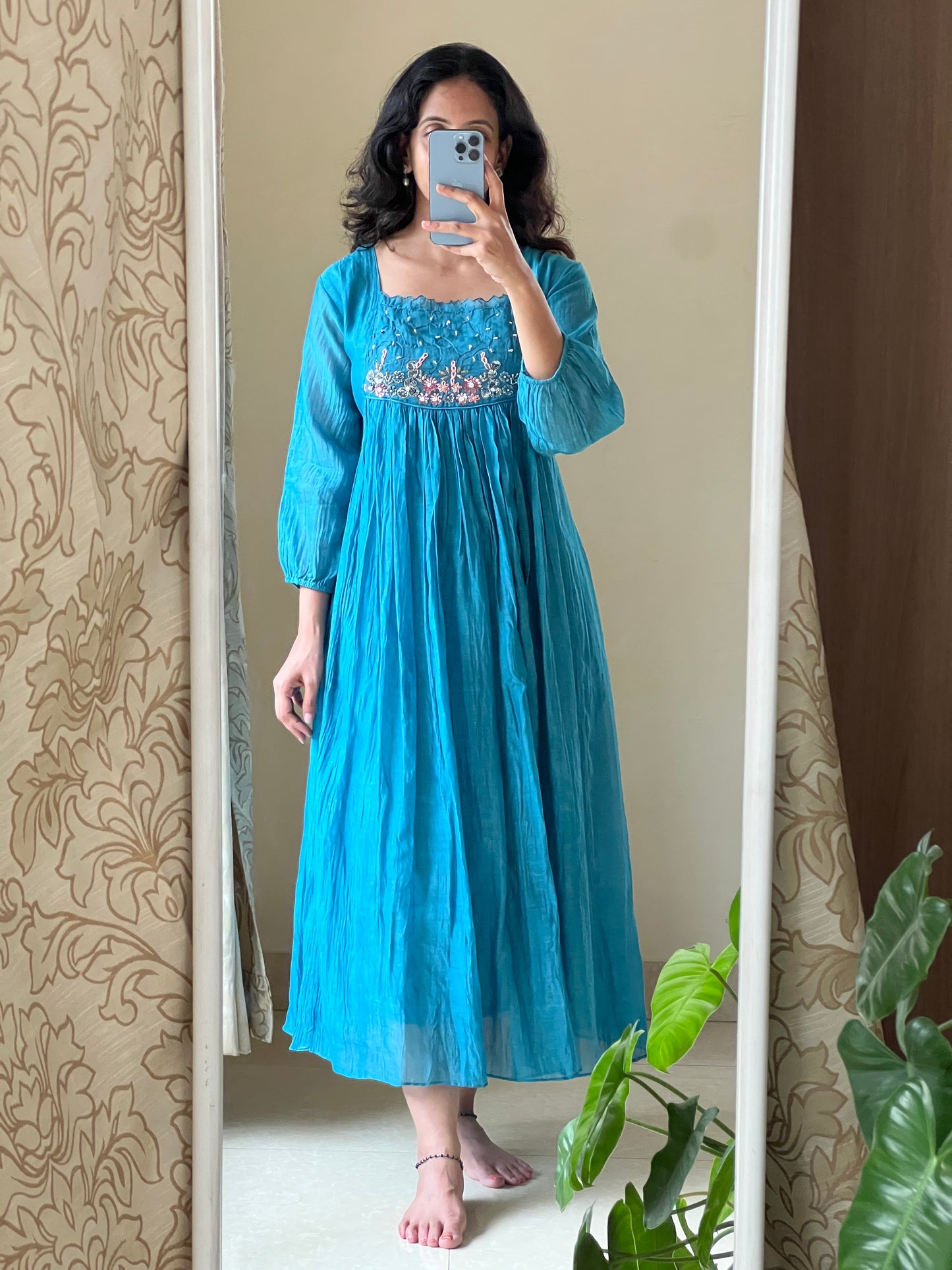 A0524 blue Mul Chanderi dress with hand embroidery and zerdosi work detailing