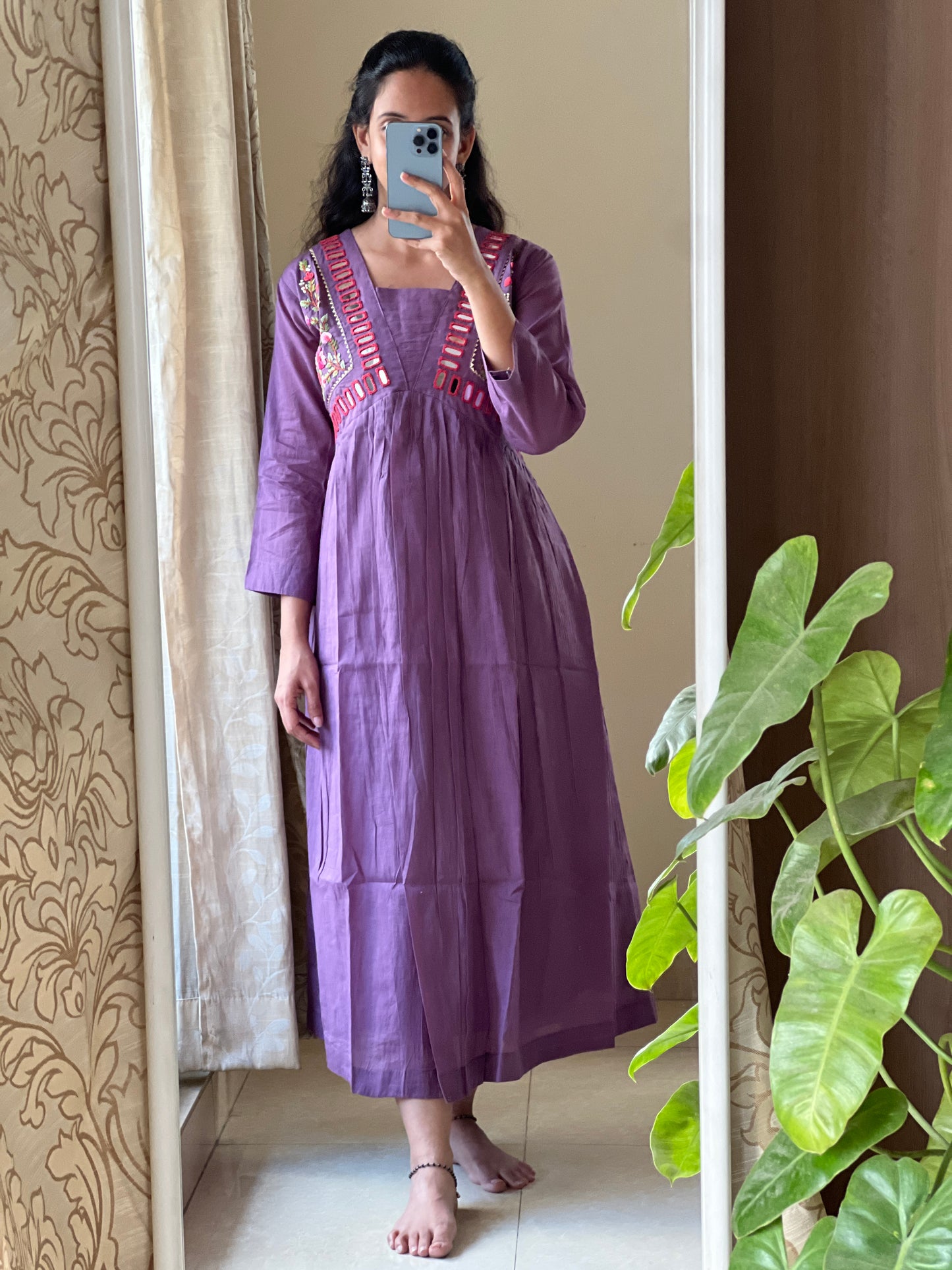 A0219 lavender Mulmul one piece dress with glass mirror work & hand embroidery