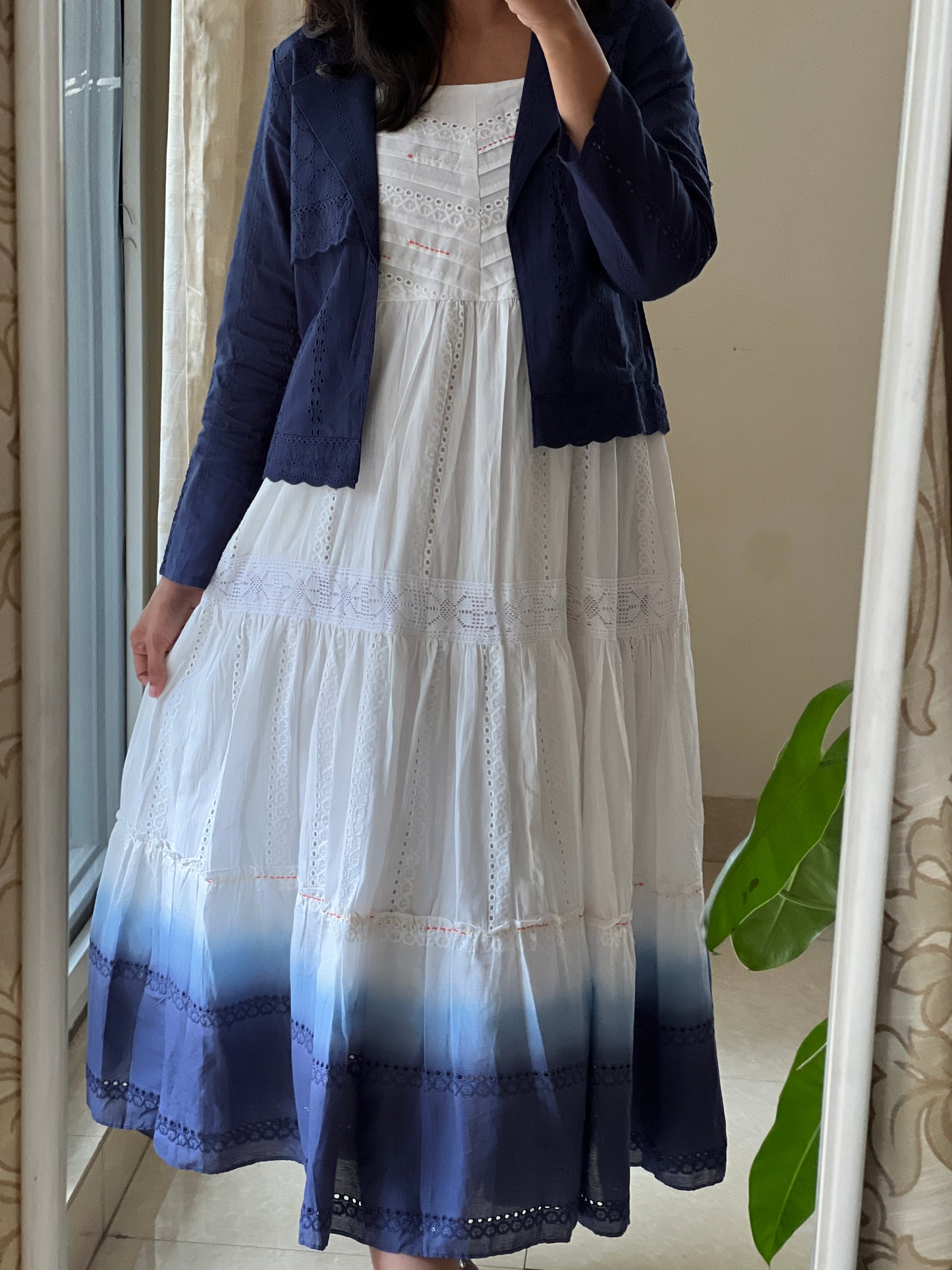 A0555 white & blue shaded hakoba cotton one piece dress with coat