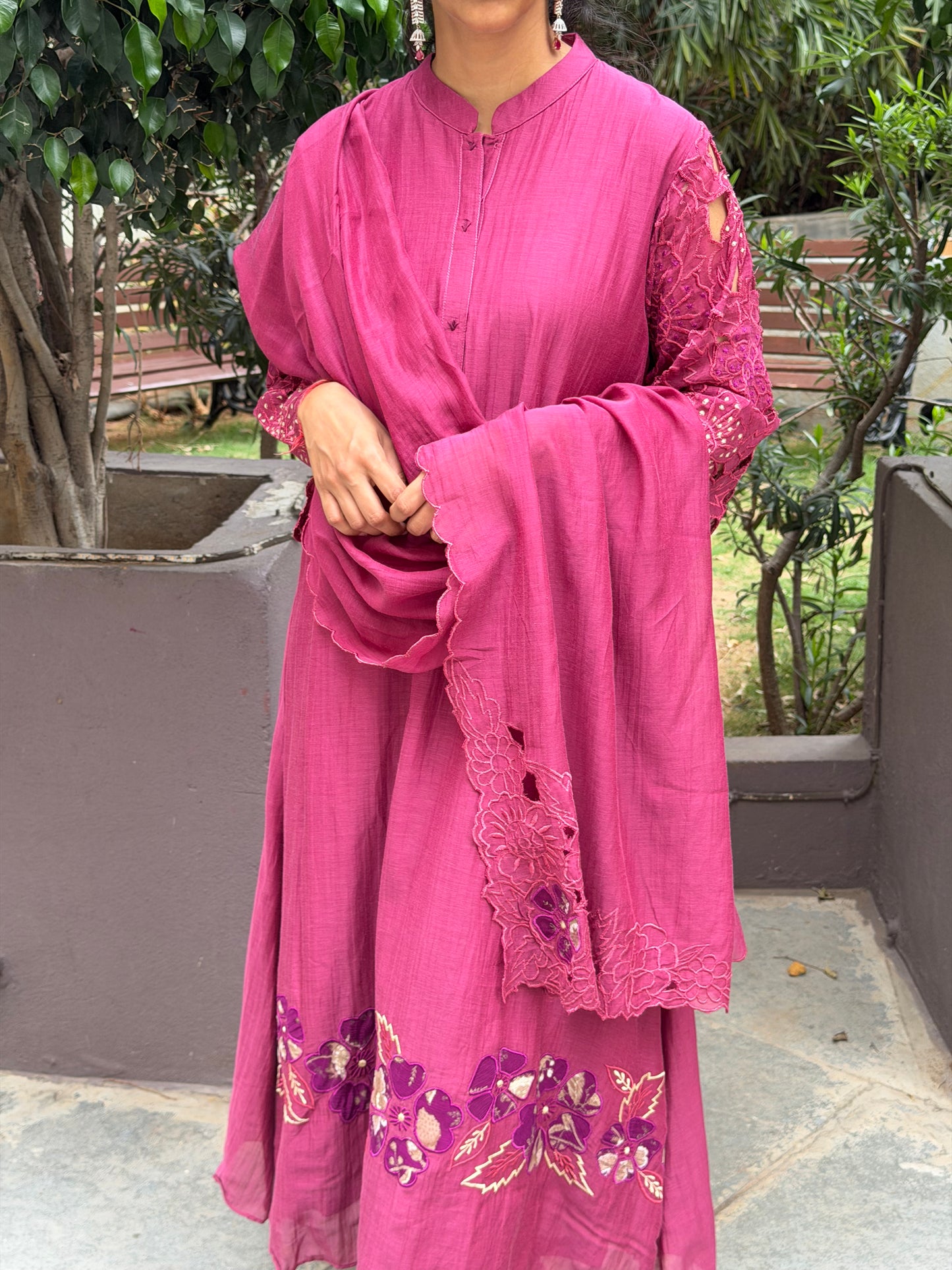 A0685 Must have wine shade Premium Chanderi 3pc set with applique and cut work details