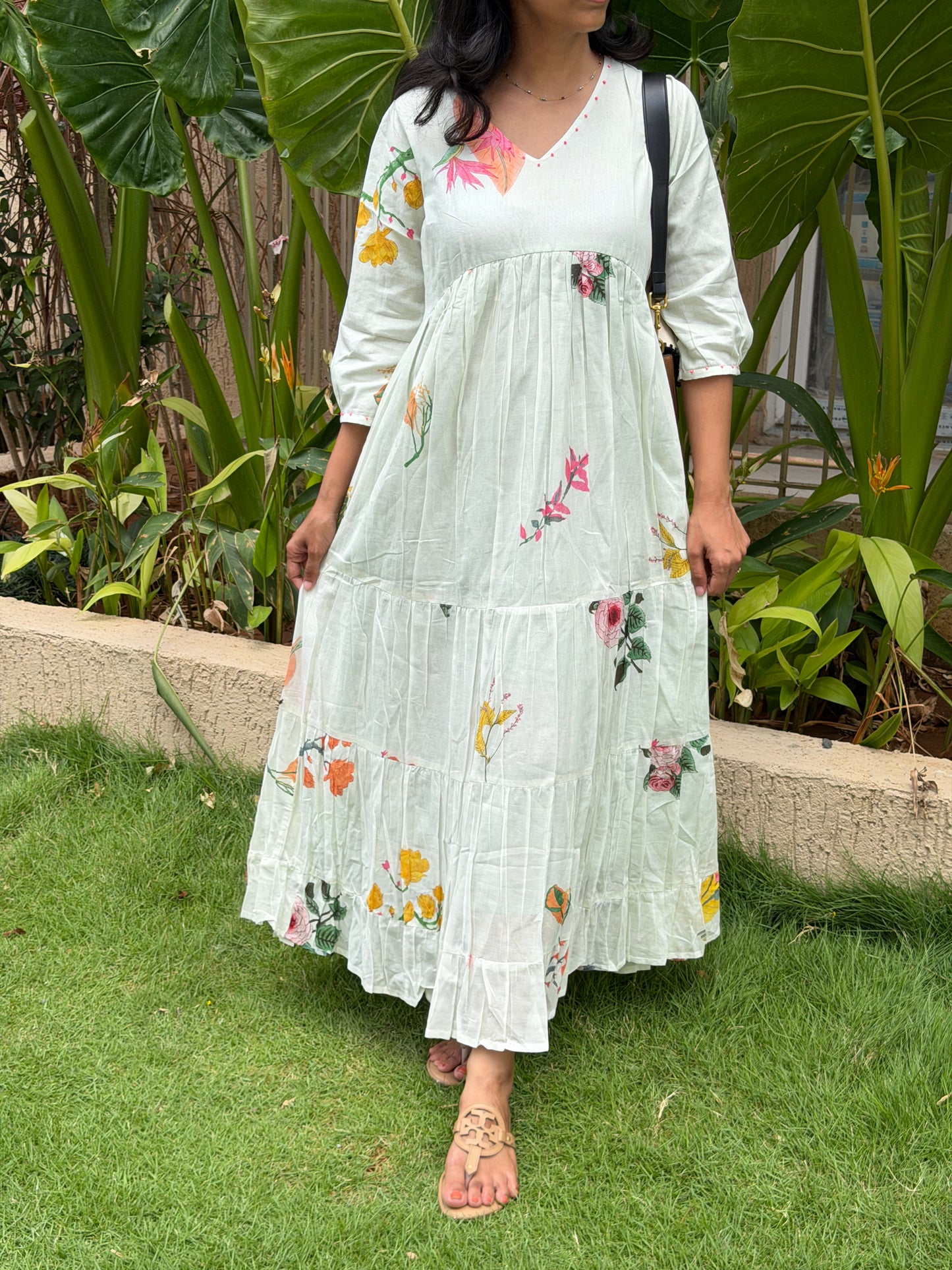 A0741 Pistachio Mul cotton 3 tiered dress with multi colour floral design