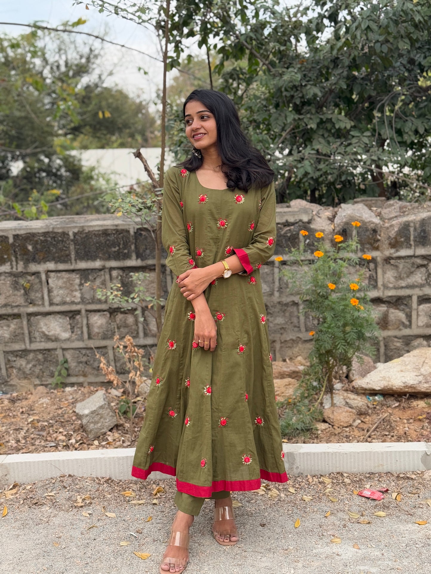 A0225 green Mulmul khali model two piece dress with rose hand embroidery detailing