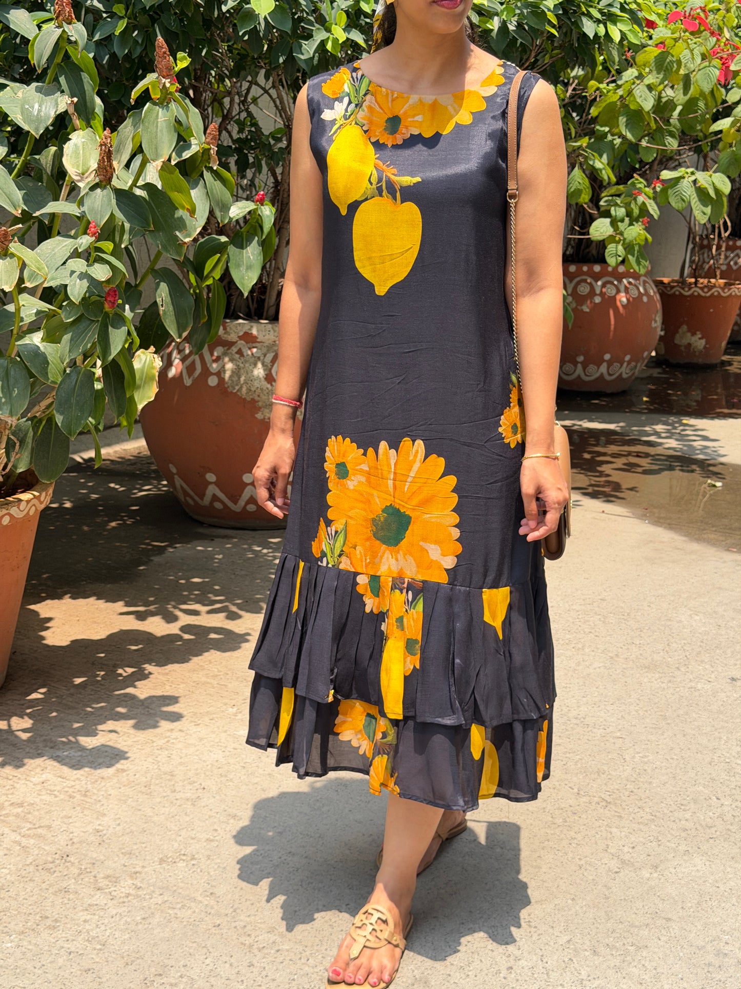A0732 Black and yellow Mango print soft cotton silk dress