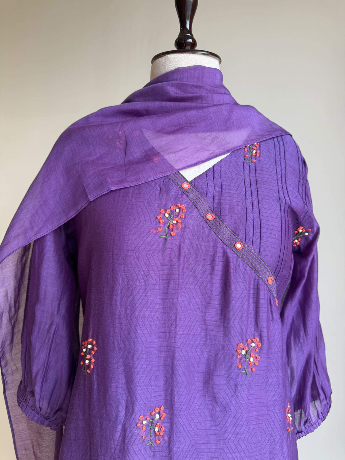 A0850 purple mul chanderi hand embroidery 3 piece dress