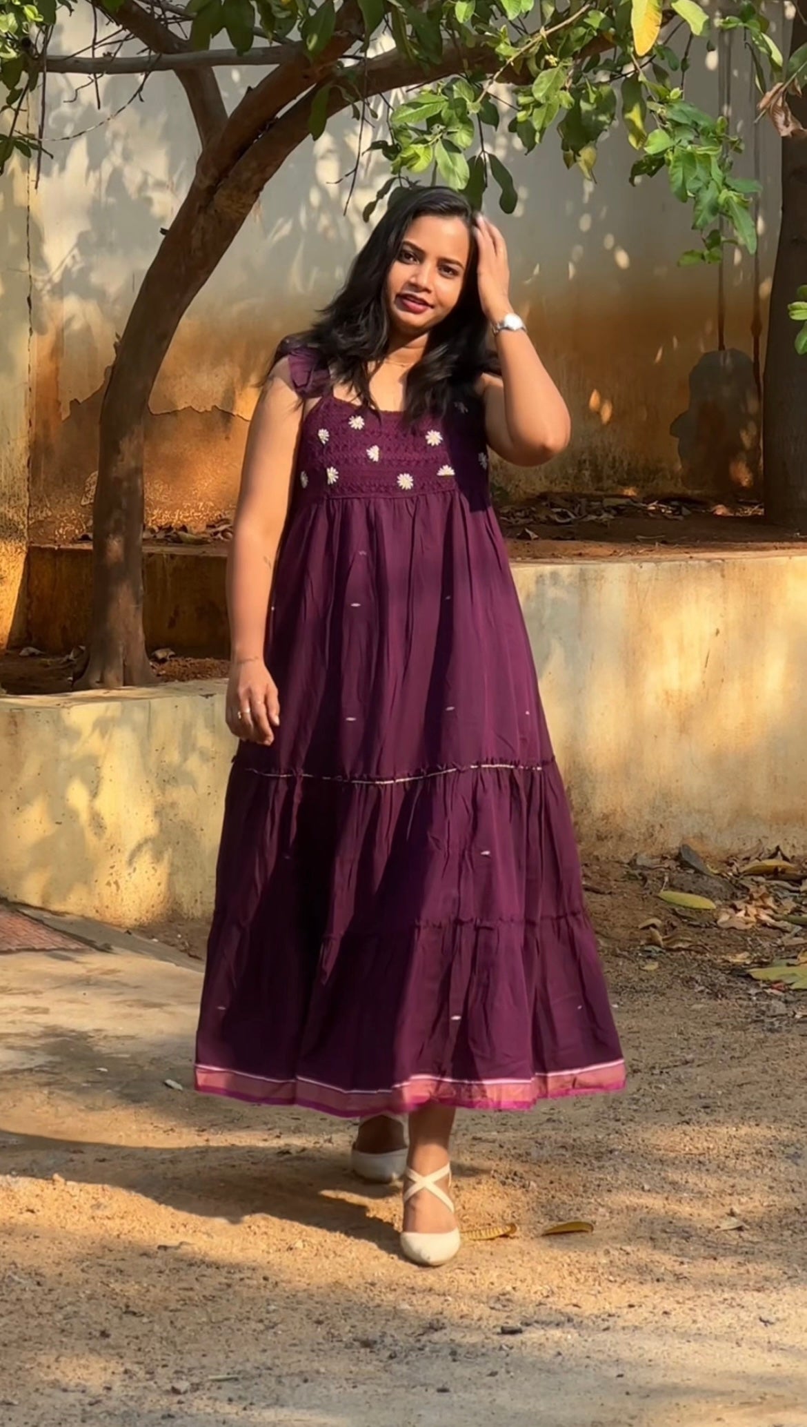 A0424 wine shade jamdani cotton one piece dress with chrochet & lace work detailing