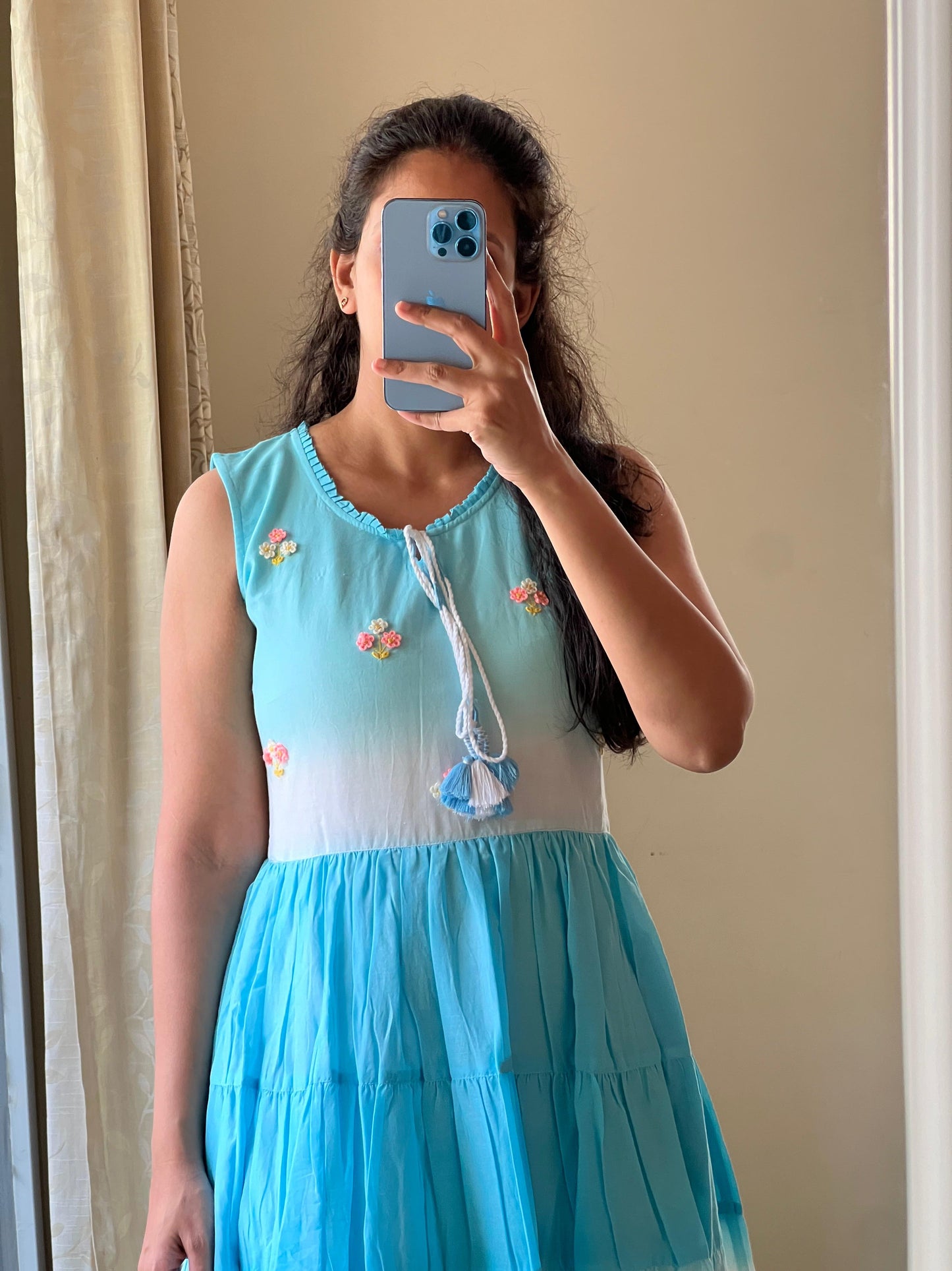 9098 - White & Blue one piece dress with Hand embroidery detailing