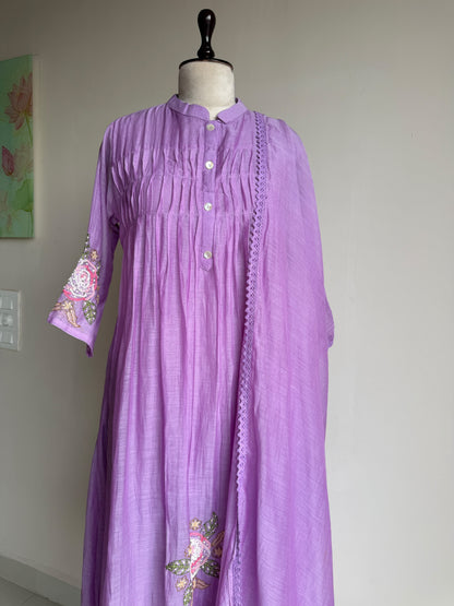 A0842 lavender mul chanderi floral hand embroidery 3 piece dress