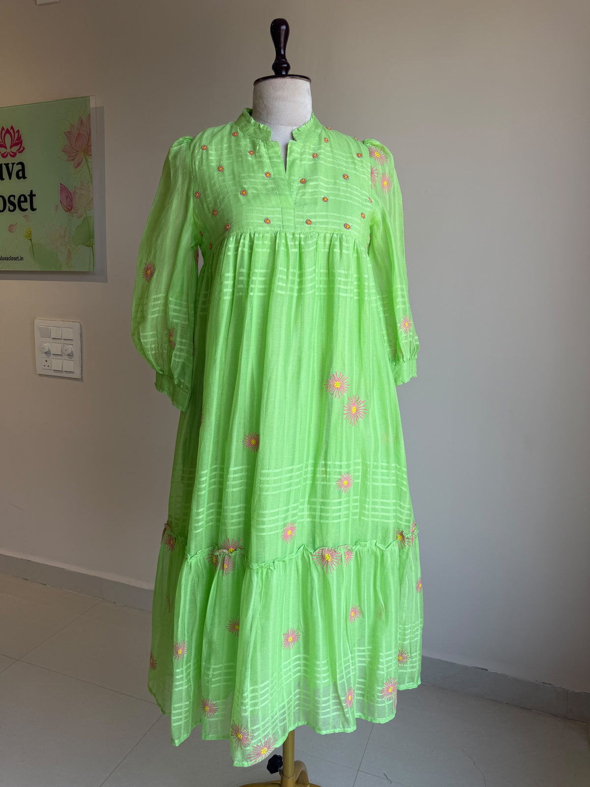 A0860 green self stripes cotton one piece dress