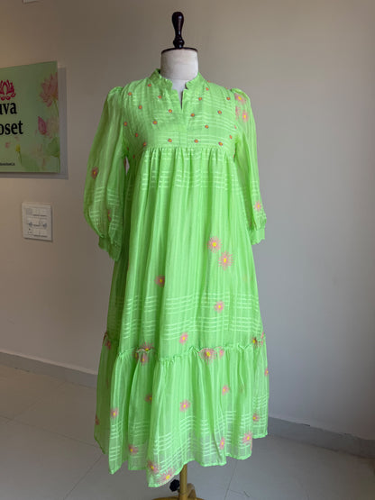 A0860 green self stripes cotton one piece dress