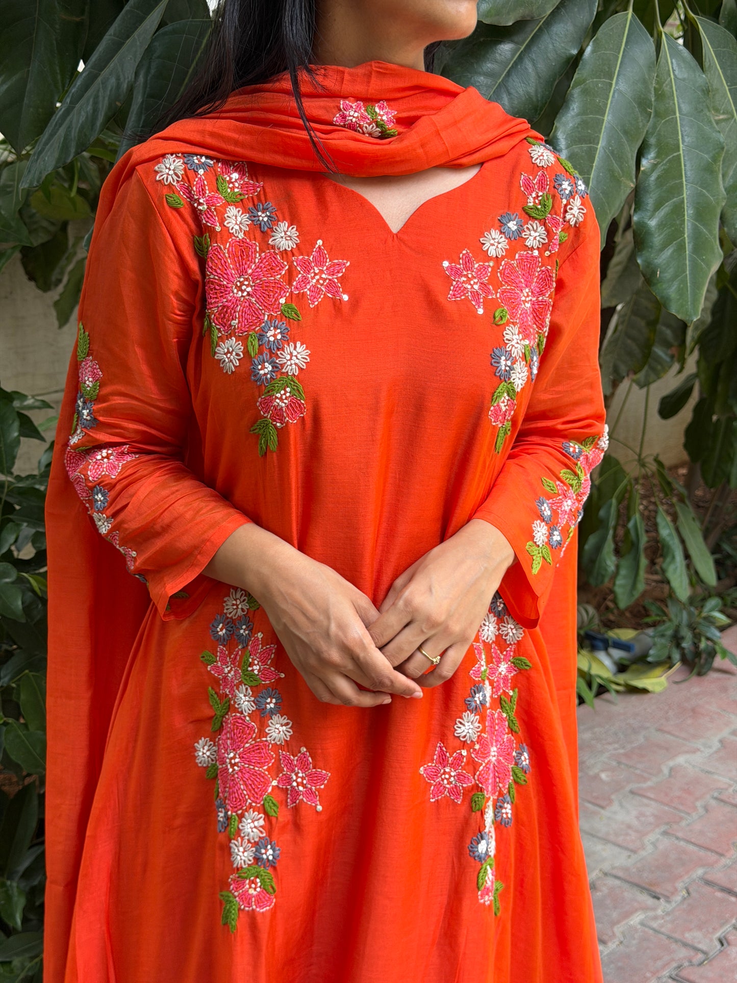 A0797 Orange Mul Chanderi 3pc set with hand embroidery and kanta work