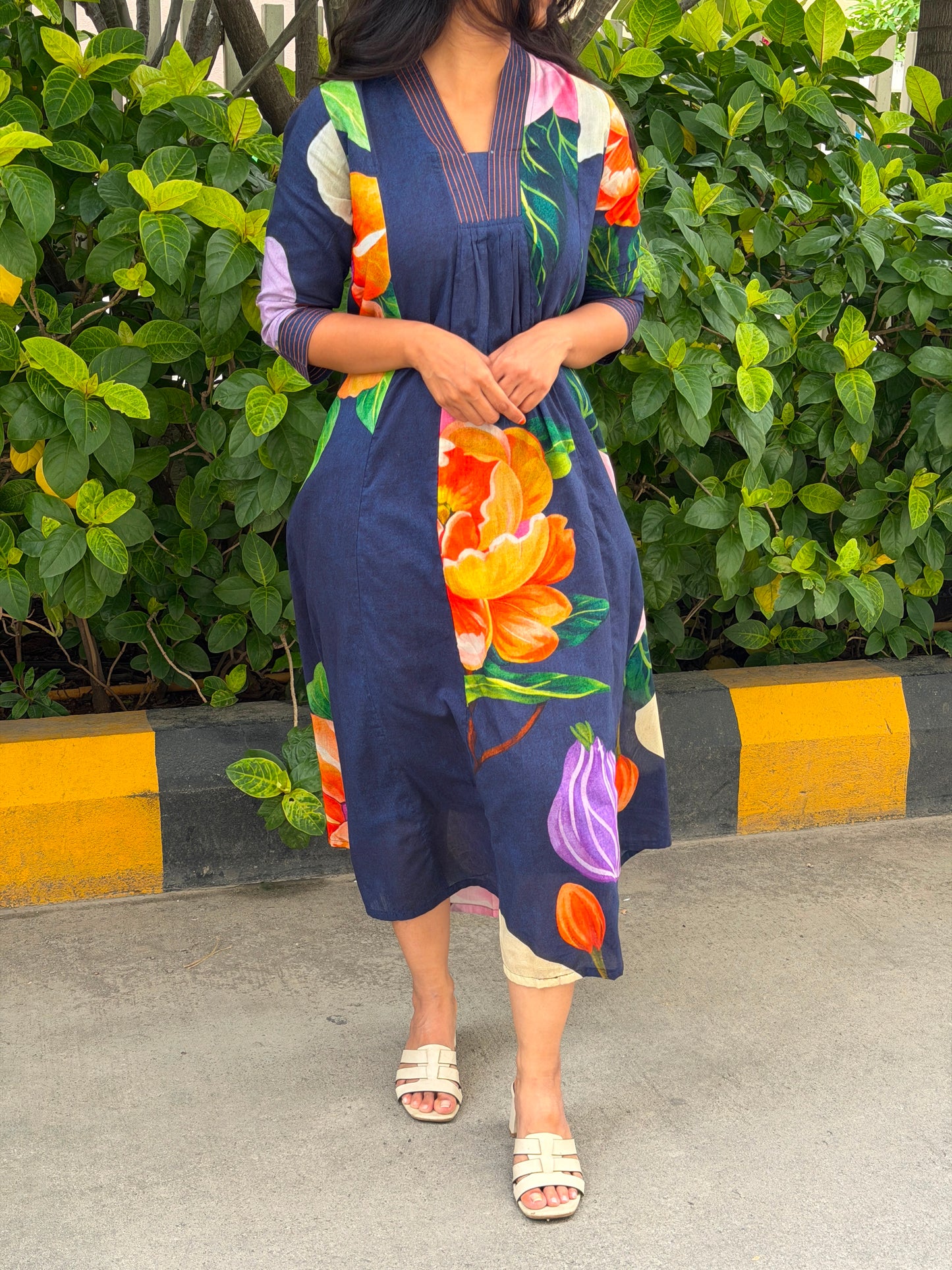 A0820 navy blue floral digital printed mul cotton dress