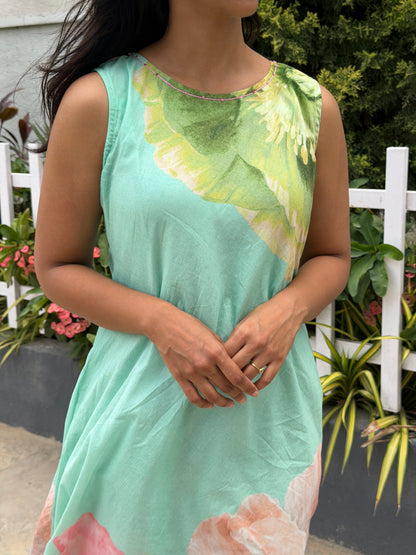 A0795 sea green Mul cotton floral digital printed frock