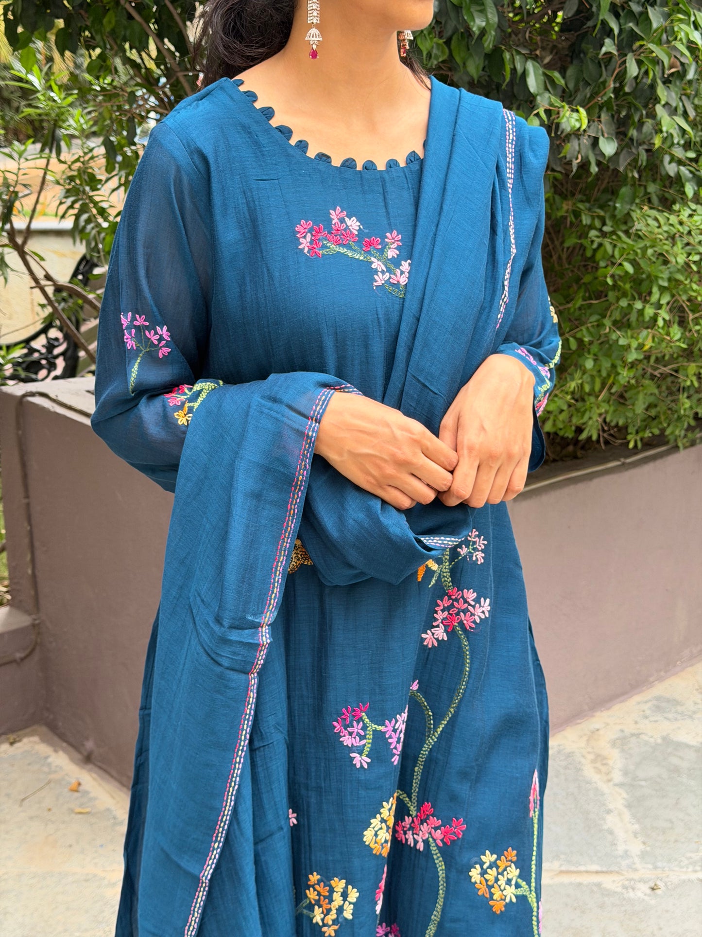 A0686 premium Mul Chanderi 3pc in peacock blue shade with all over hand embroidery details