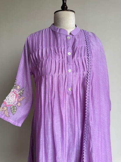 A0842 lavender mul chanderi floral hand embroidery 3 piece dress