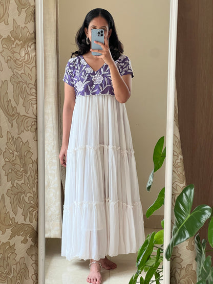 A0530 white & purple chinnon one piece dress embroidery detailing all over the yoke part