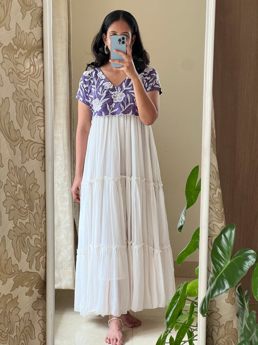 A0530 white & purple chinnon one piece dress embroidery detailing all over the yoke part