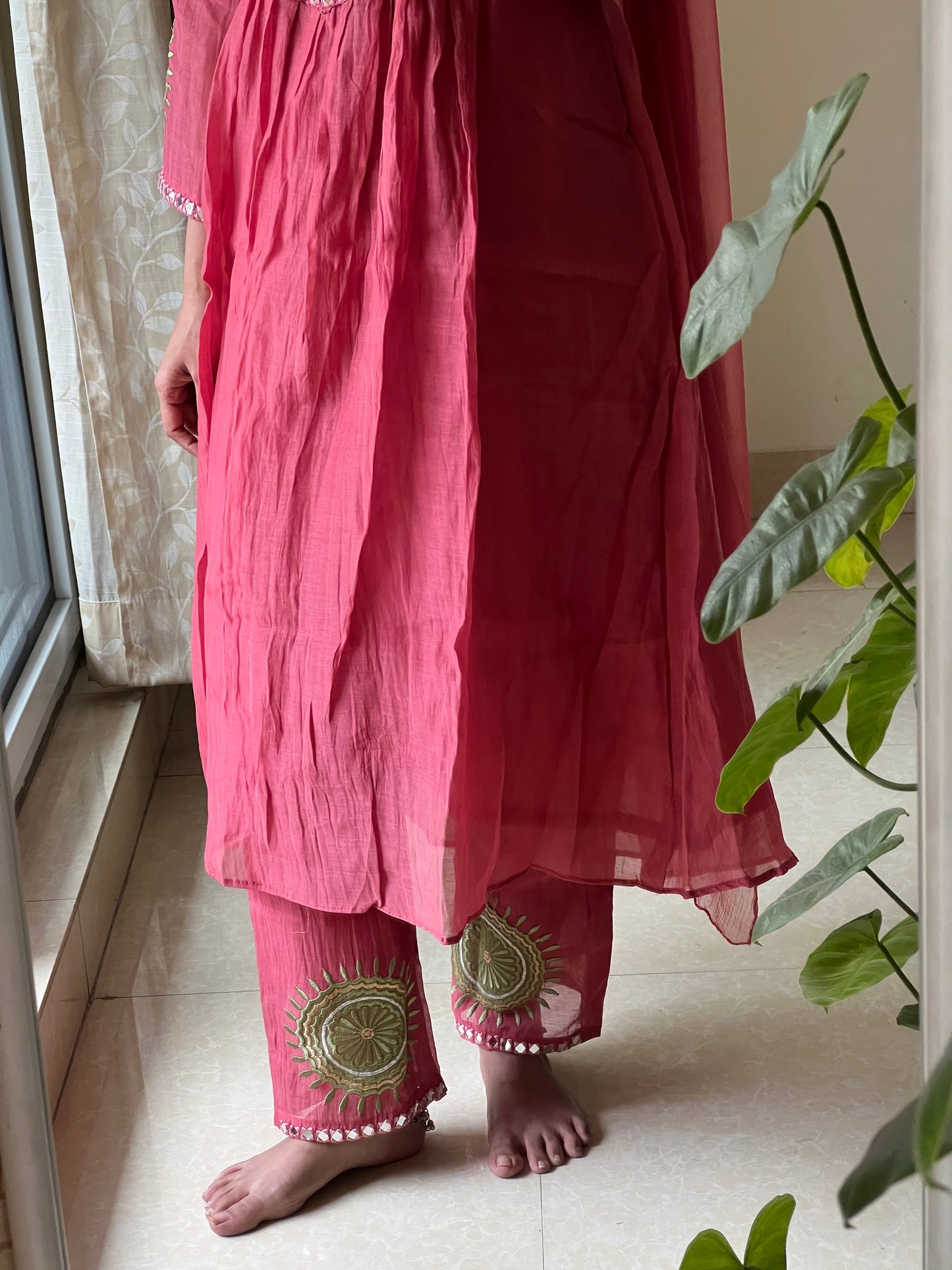 A0387 pink mul chanderi 3 piece dress with mirror work embroidery detailing