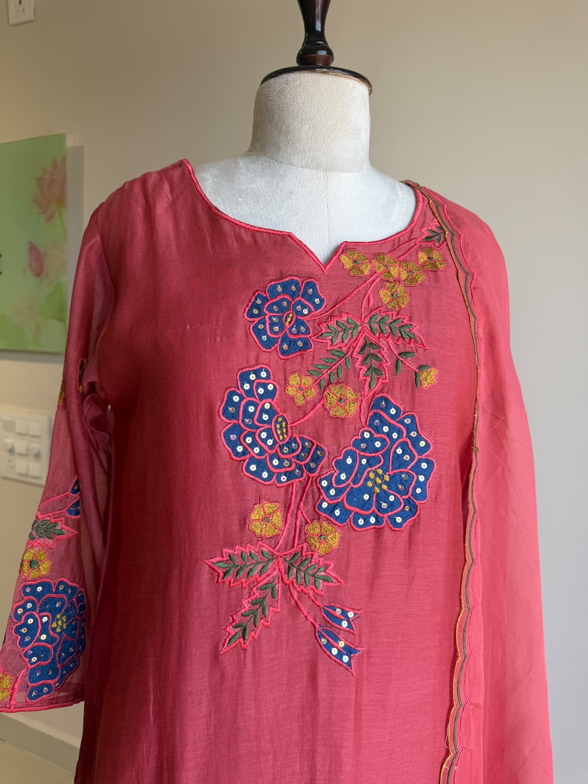 A0858 pink mul chanderi 3 piece dress with applique work
