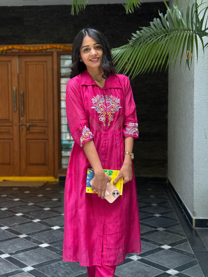 A0384 Premium mul Chanderi 2 piece set with hand embroidery and pearls work detailing