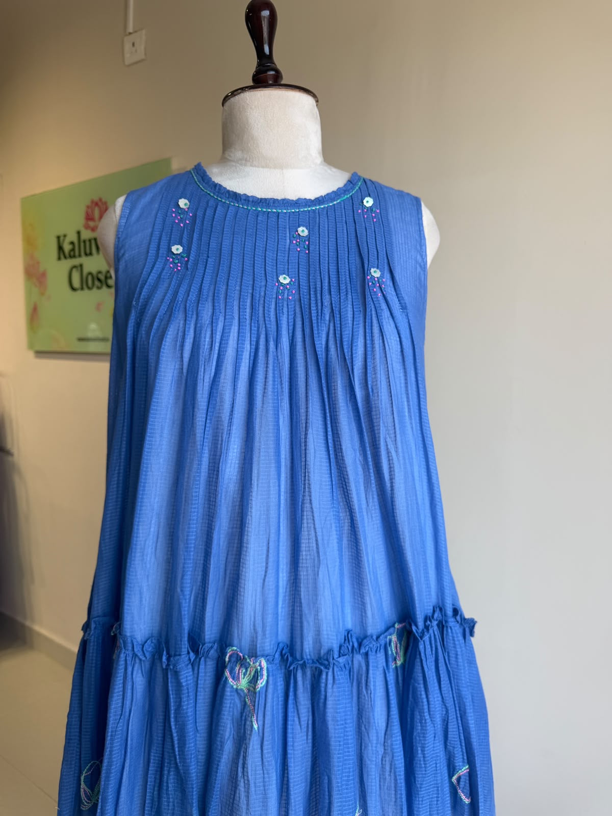 A0861 blue & cream shaded self stripes cotton one piece dress