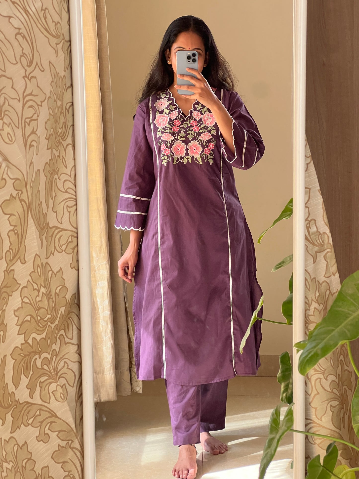 A0312 purple cotton 2 piece dress with machine embroidery detailing