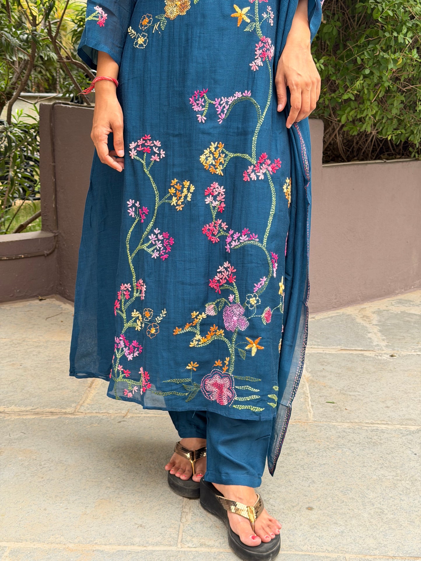 A0686 premium Mul Chanderi 3pc in peacock blue shade with all over hand embroidery details