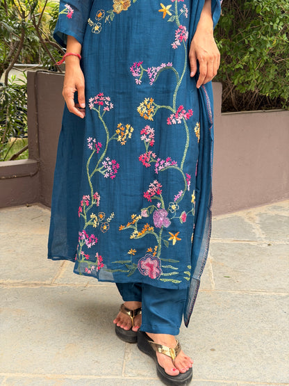 A0686 premium Mul Chanderi 3pc in peacock blue shade with all over hand embroidery details