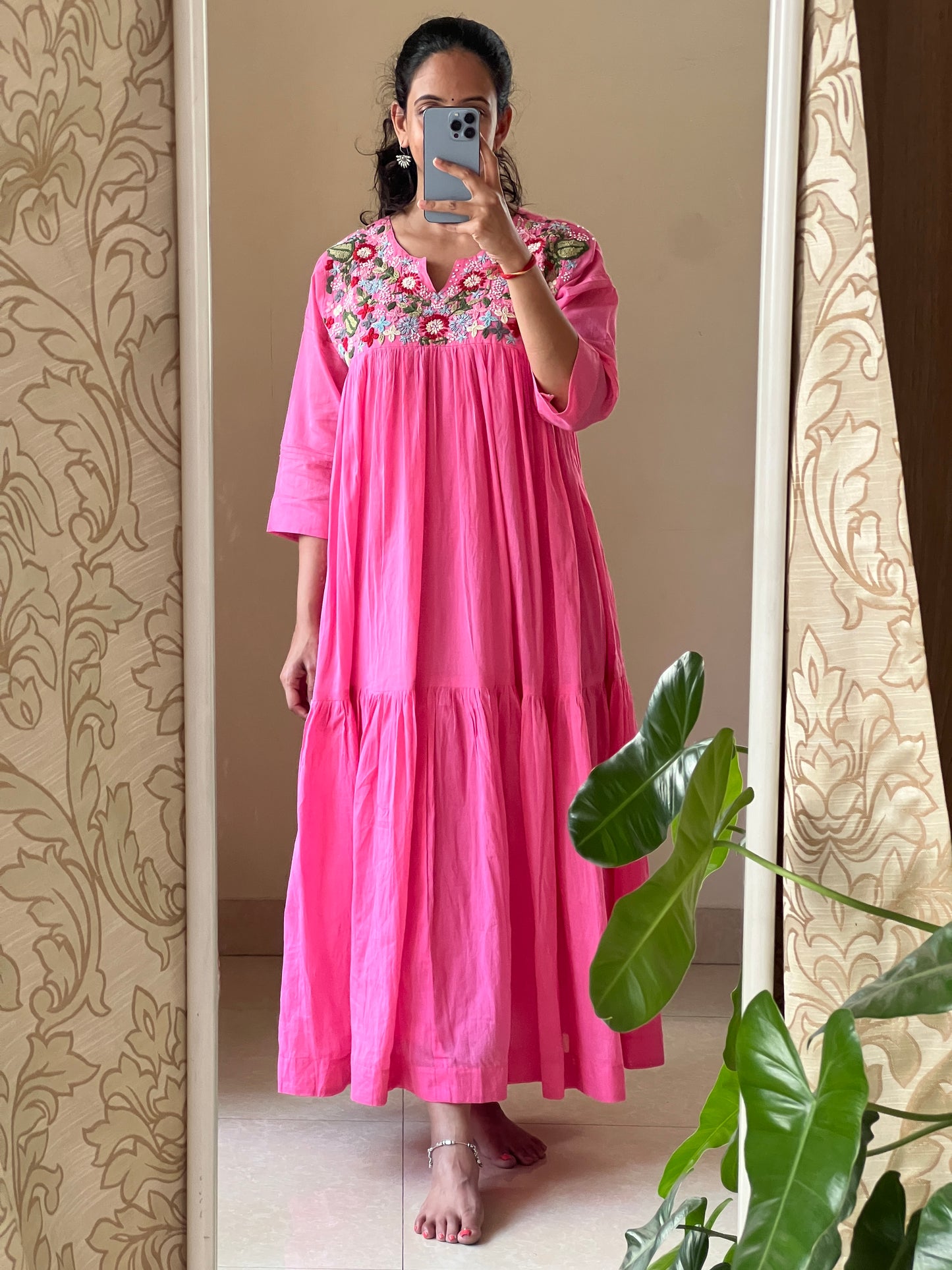 A0645 pink Mulmul one piece dress with hand embroidery detailing on yoke part