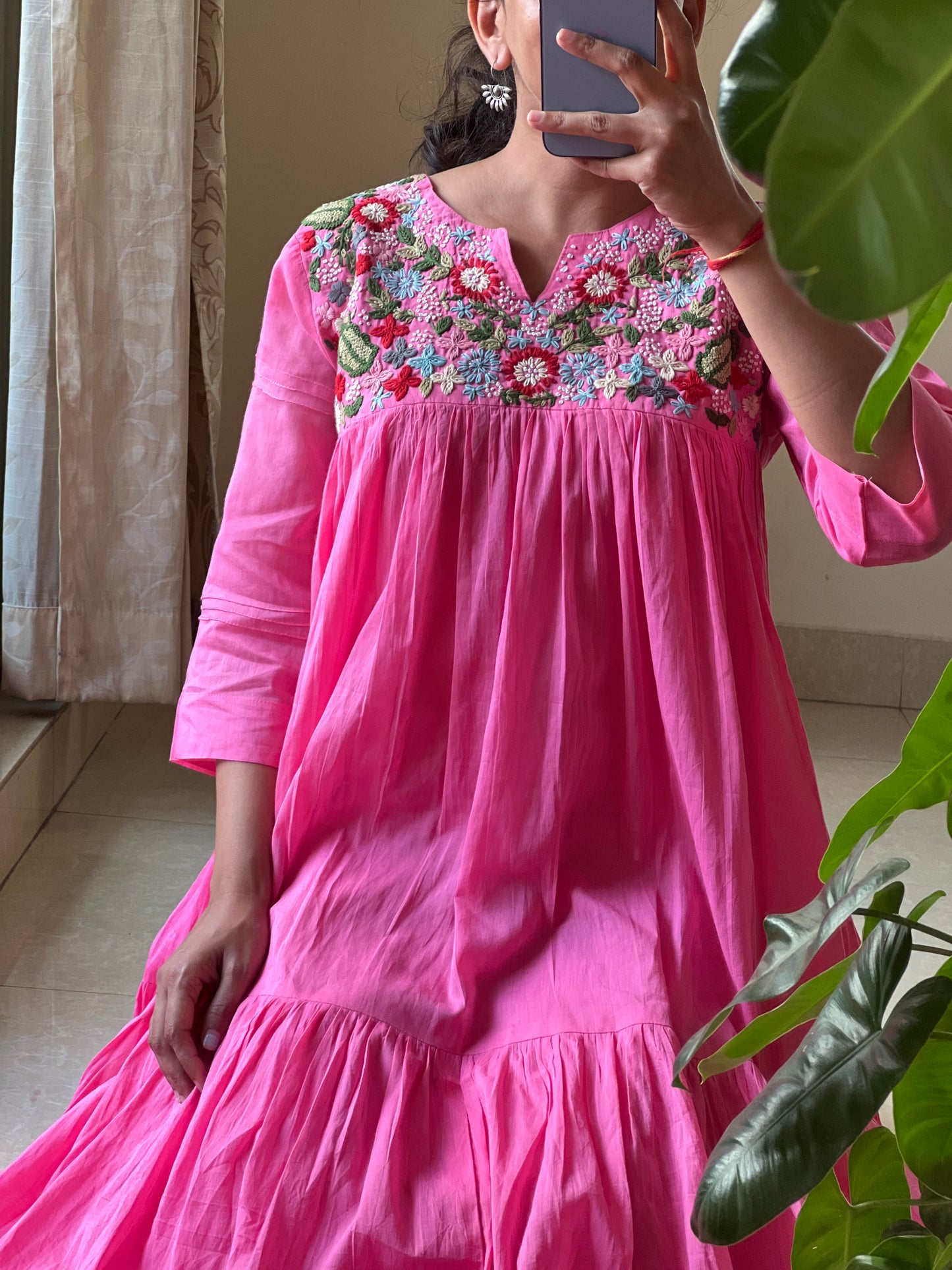 A0645 pink Mulmul one piece dress with hand embroidery detailing on yoke part