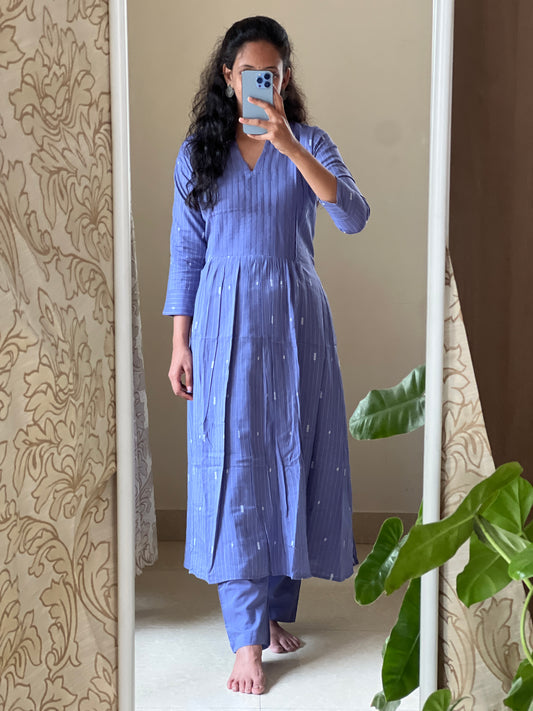 9162 blue Handloom cotton weave 2 piece dress with pleats